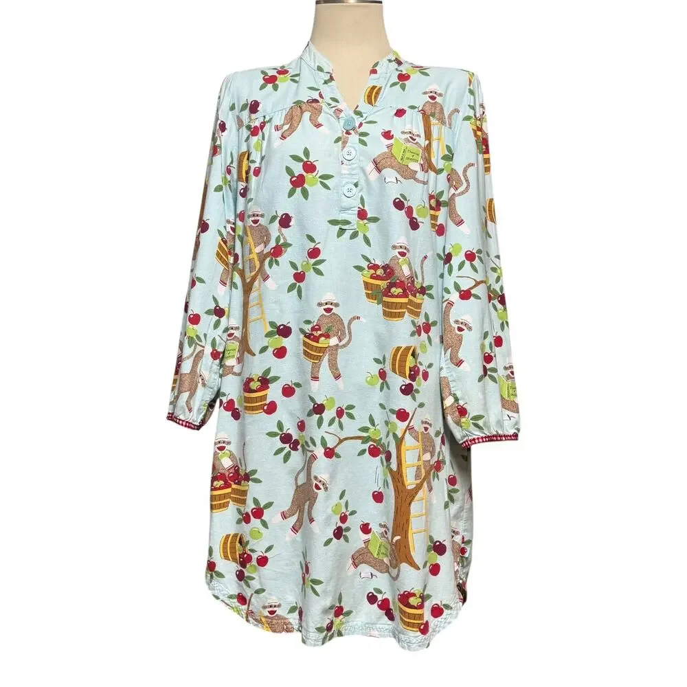Nora & Nora Sleep Shirt Nightgown Sock Monkey Apple Blue Red XL